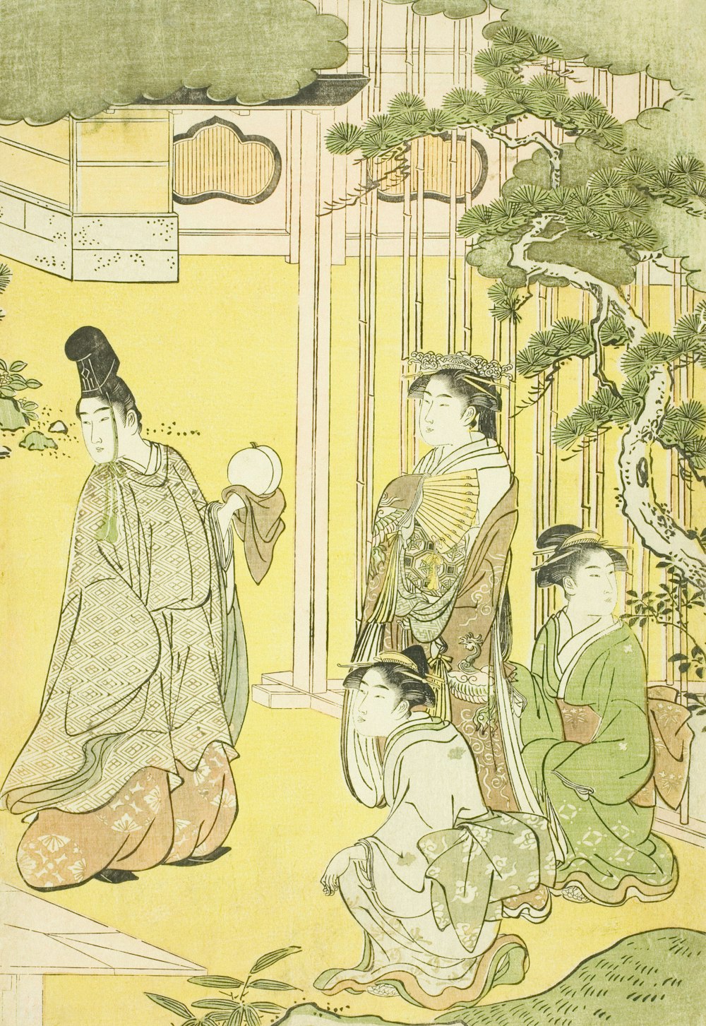 a painting of a group of people sitting around a tree