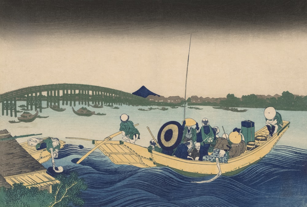 a painting of people in a boat on a body of water