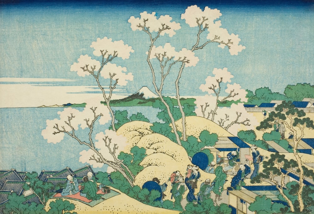 a painting of a landscape with trees and people