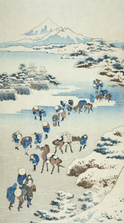 a painting of a group of people riding horses across a snow covered field