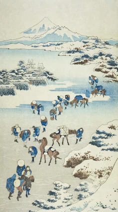 a painting of a group of people riding horses across a snow covered field