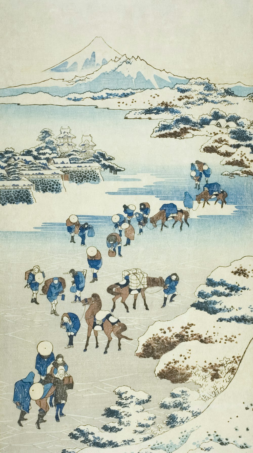 a painting of a group of people riding horses across a snow covered field