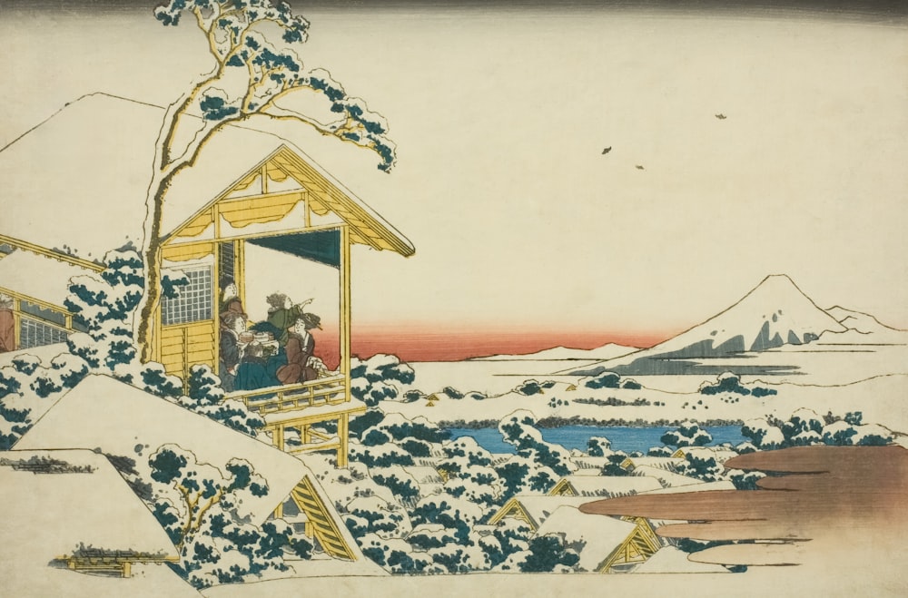 a painting of a house in the snow
