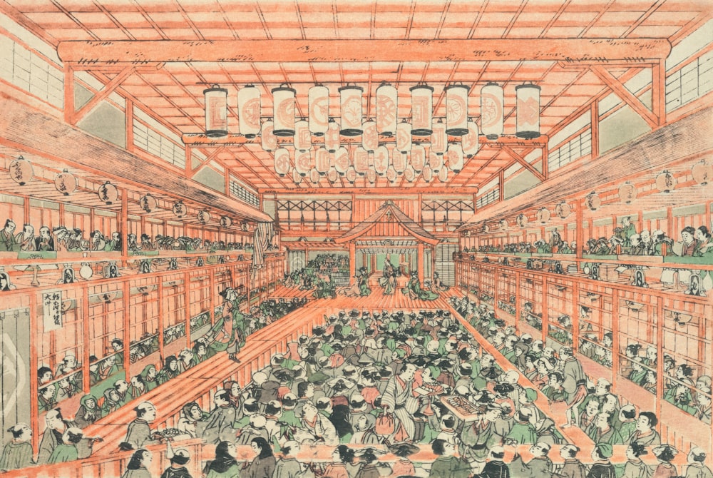 a drawing of a large room filled with people