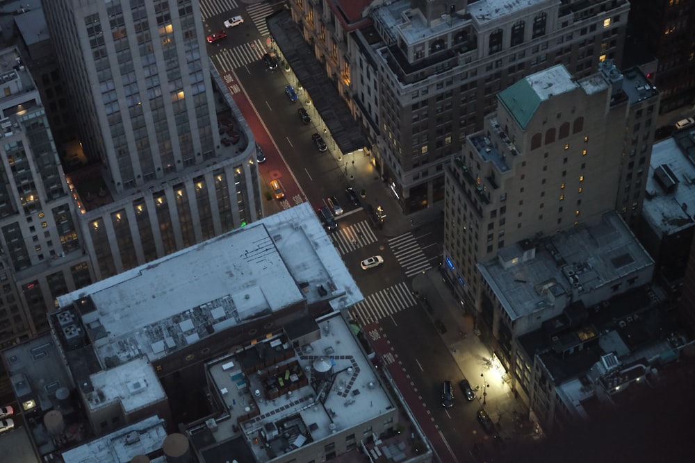 an aerial view of a city at night