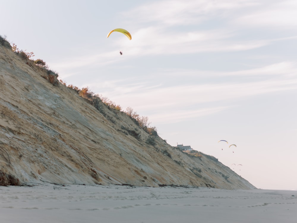 two parasailers are flying over the beach on a sunny day