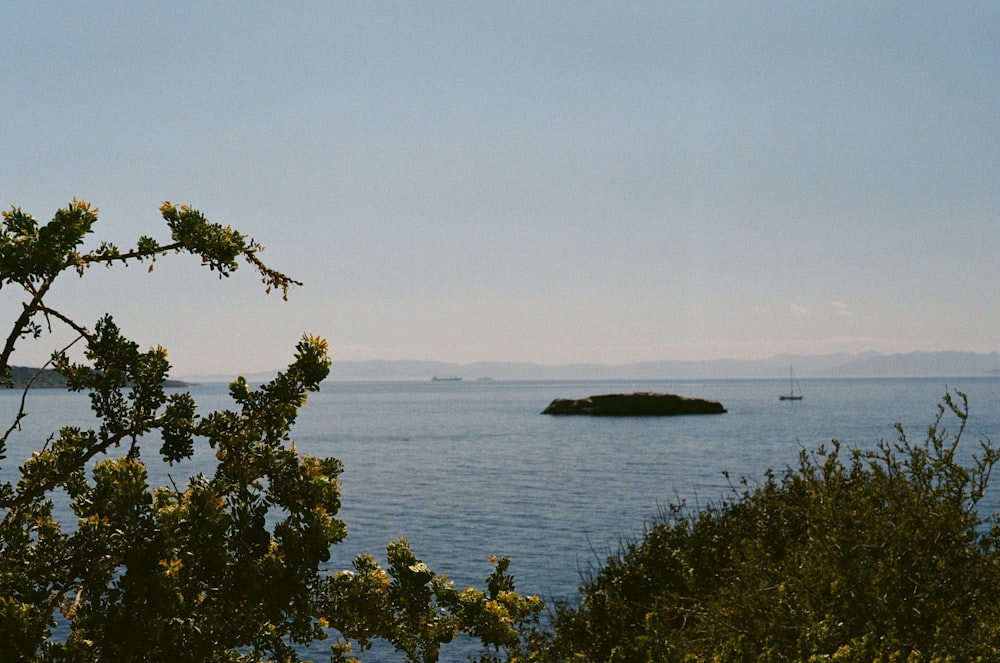 a body of water with a small island in the distance