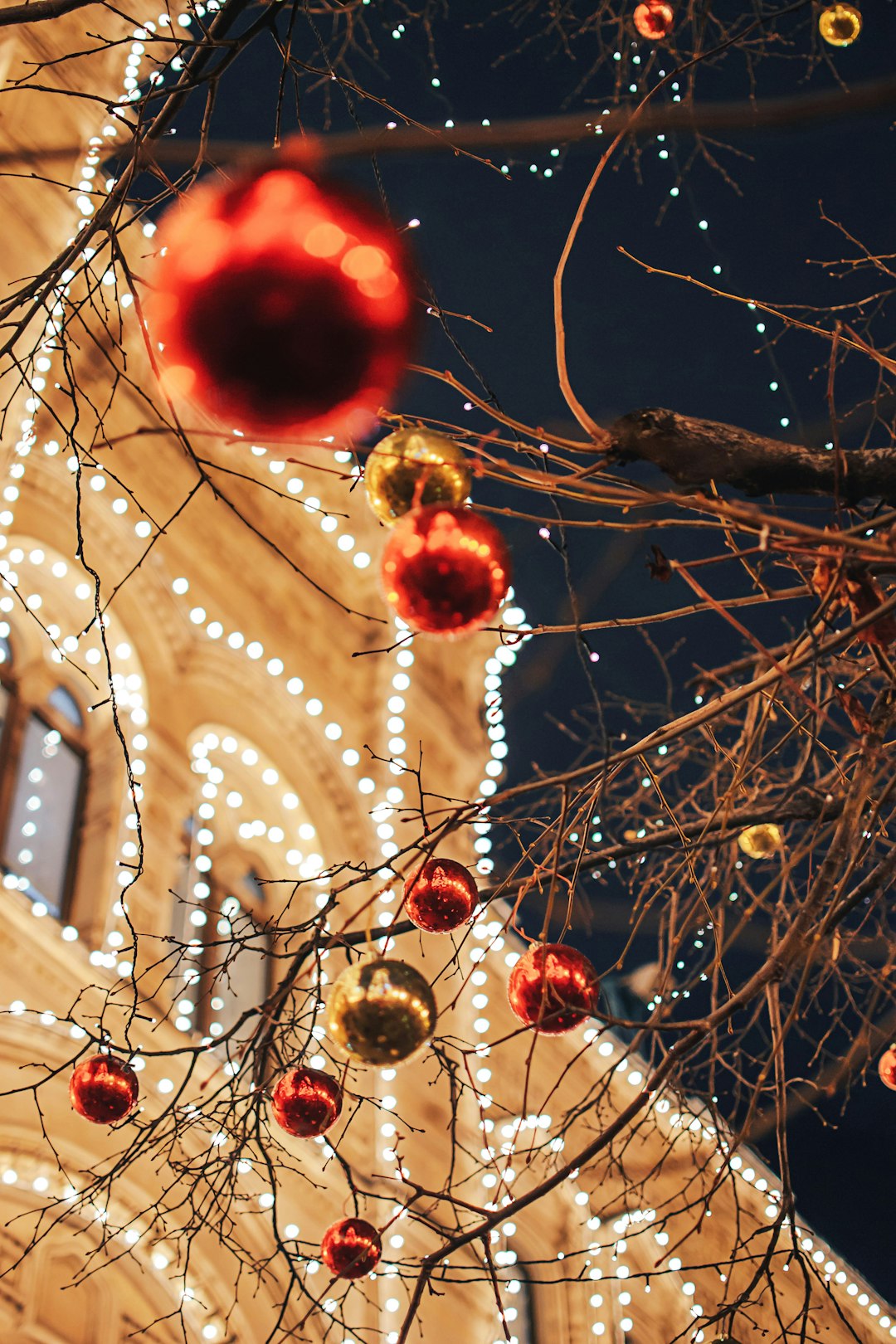 In winter, in the city before the New Year, trees in colorful balloons and garland lights are decorated against a background of beautiful bokeh.