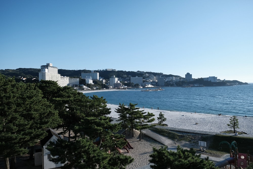 a view of a beach with a city in the background