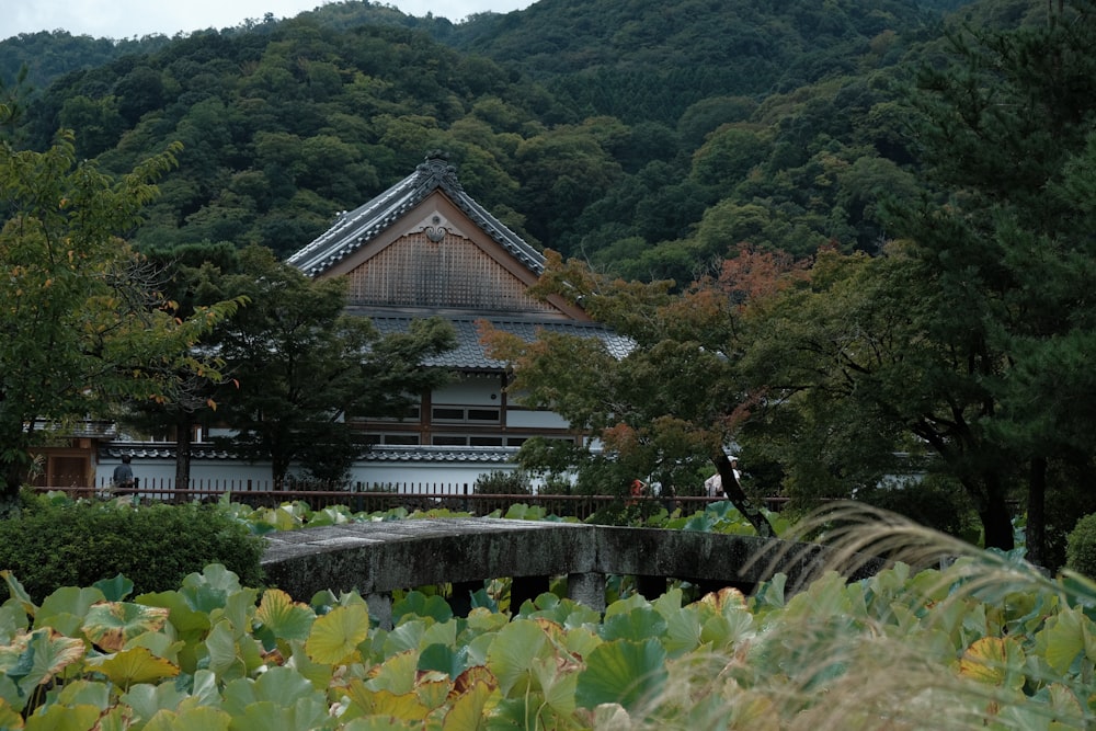 a building in the middle of a forest with mountains in the background