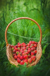 a basket full of strawberries sitting in the grass