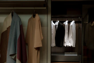a closet with clothes hanging on a rail