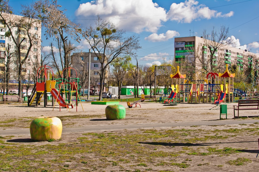 a park with a playground and play equipment