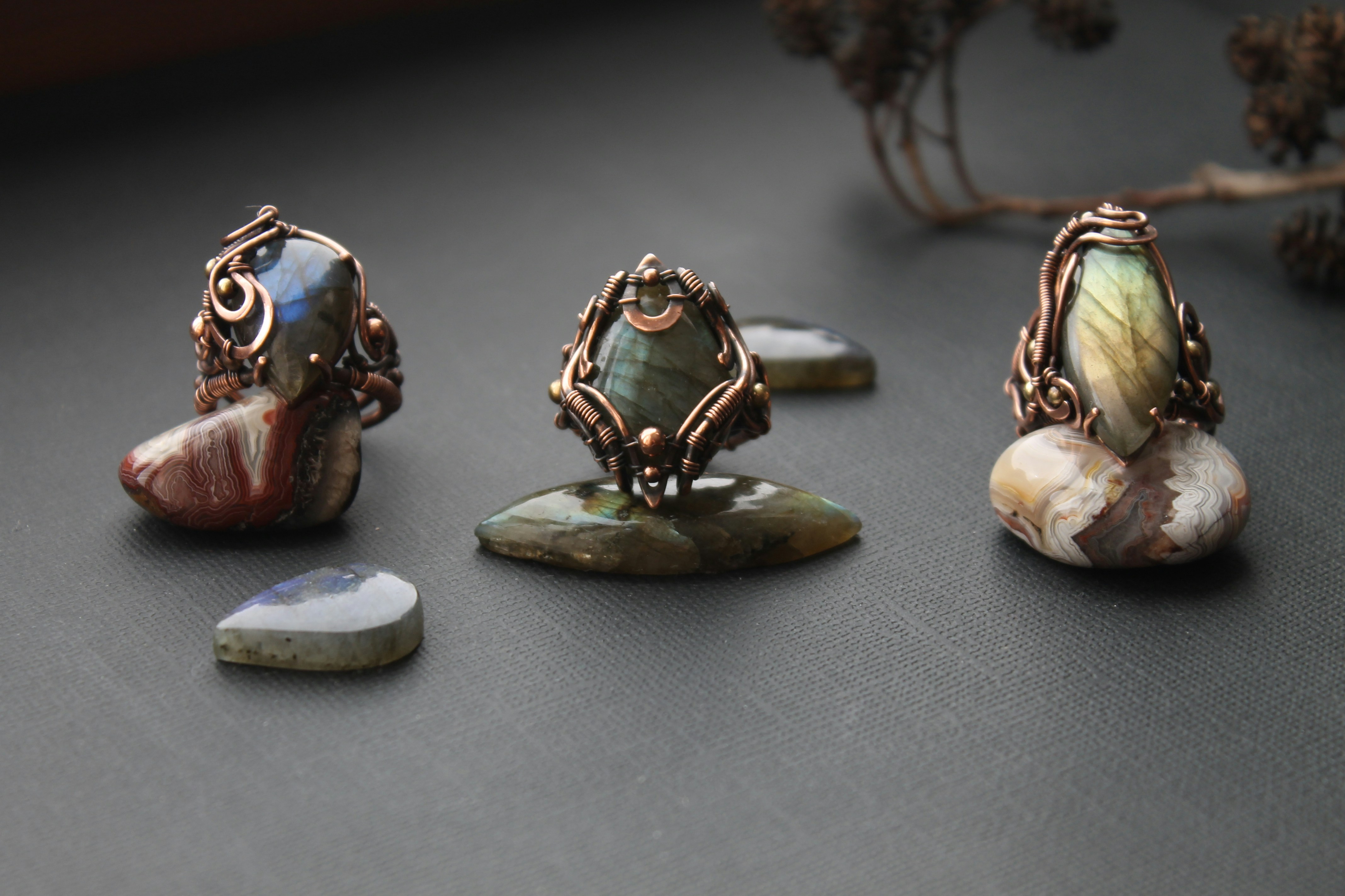a group of rings sitting on top of a table