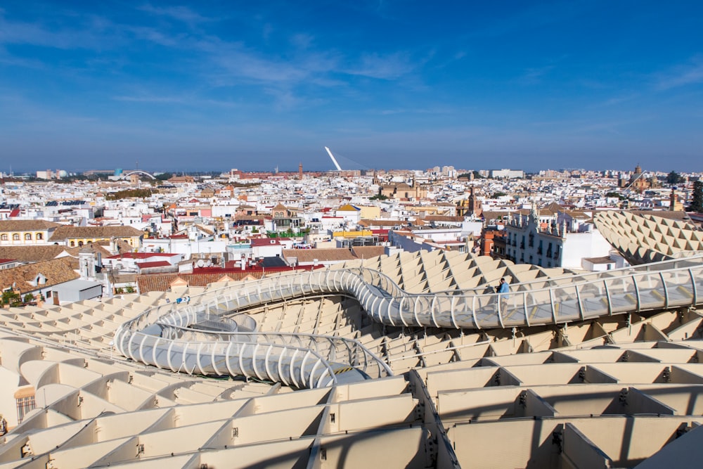 an aerial view of a city with many buildings