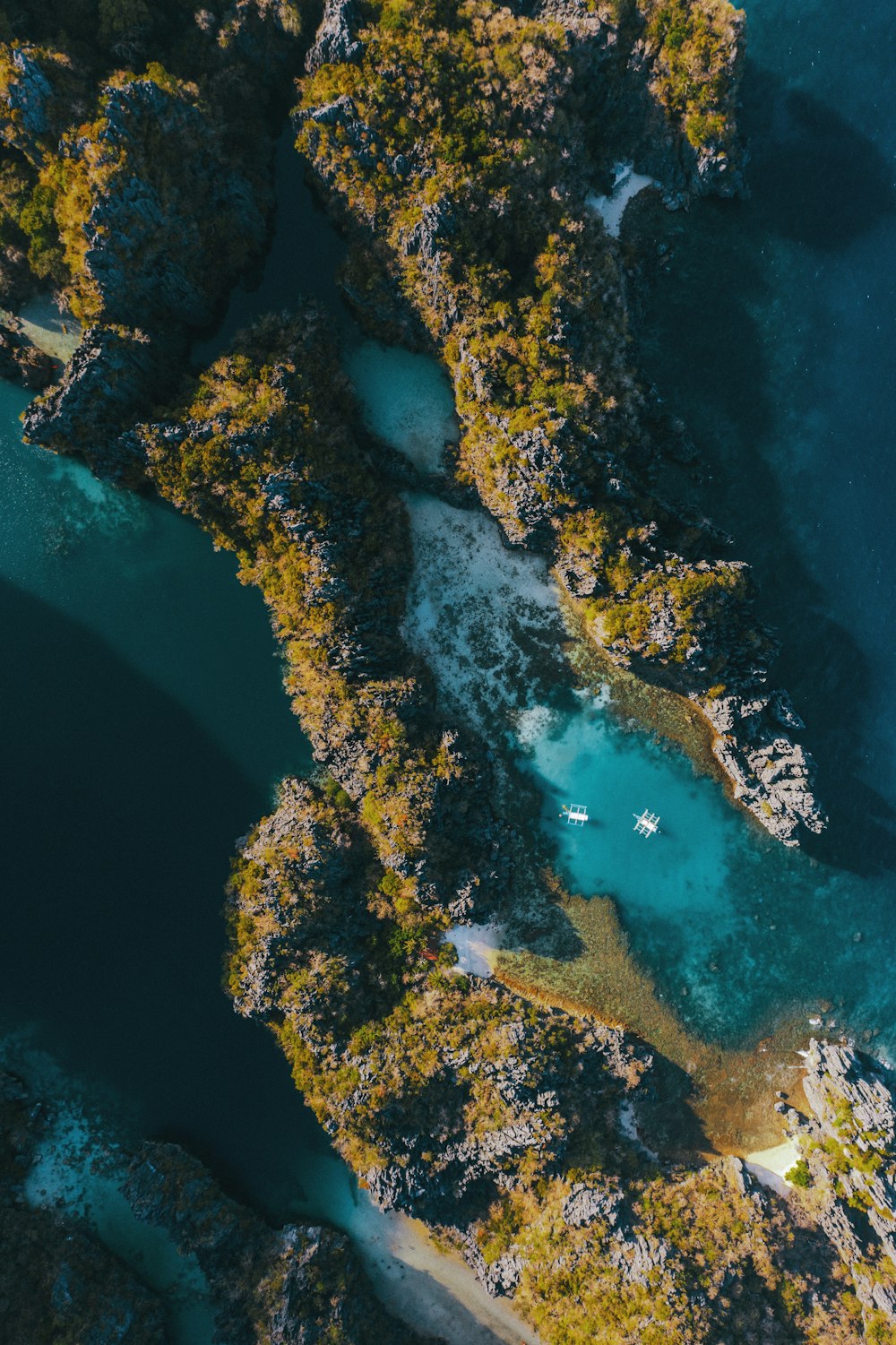 an aerial view of a body of water surrounded by trees