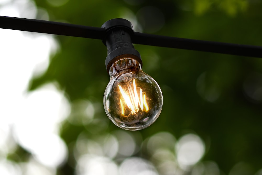 a light bulb hanging from a wire with trees in the background