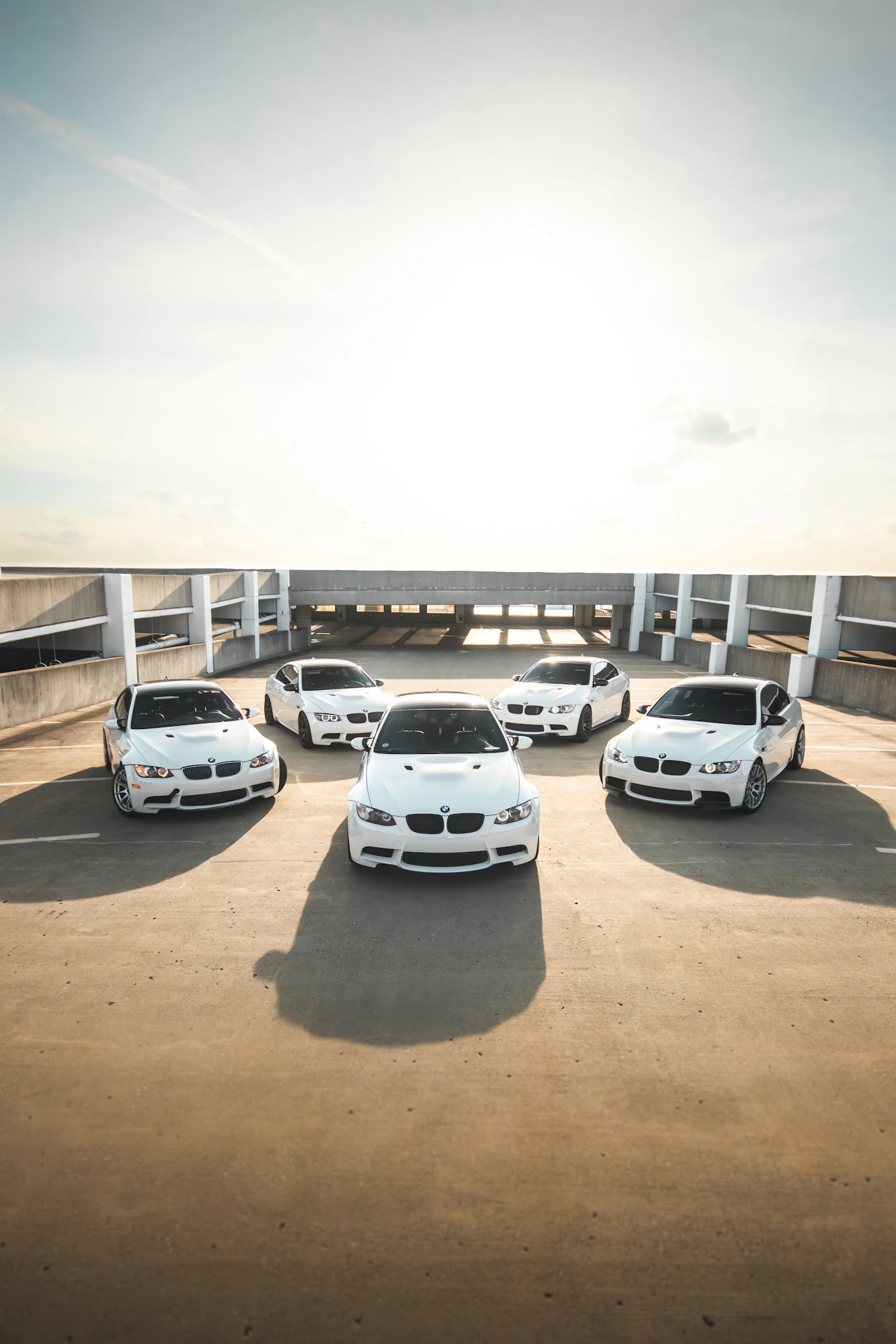 Group of white cars parked in a lot