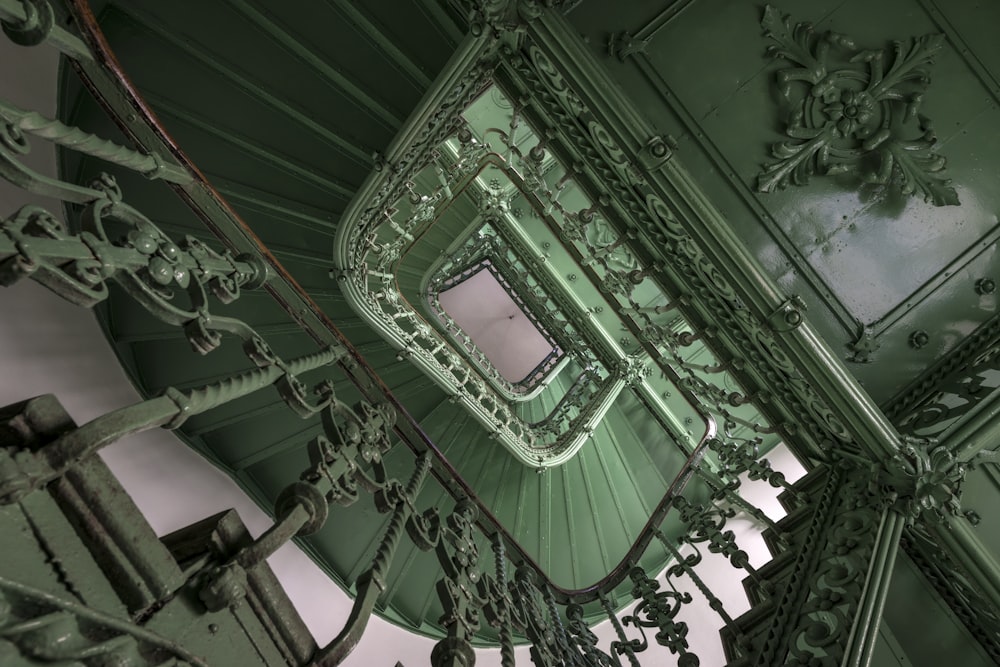 a close up view of a green metal structure