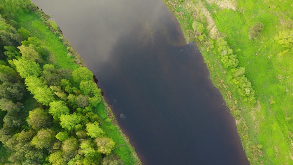 an aerial view of a body of water surrounded by trees