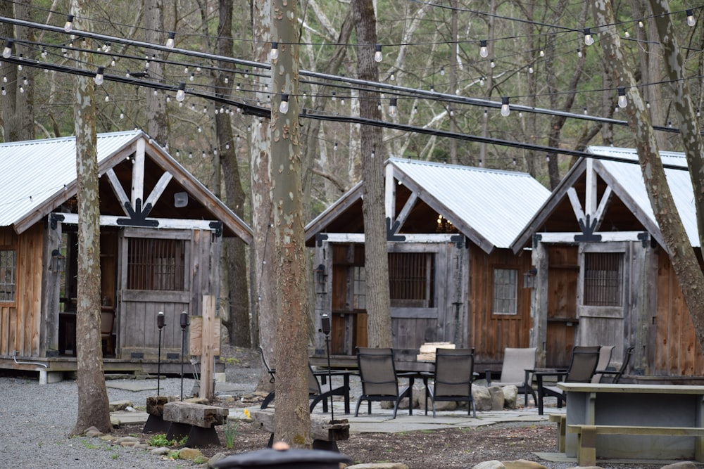 a group of wooden cabins sitting in the middle of a forest