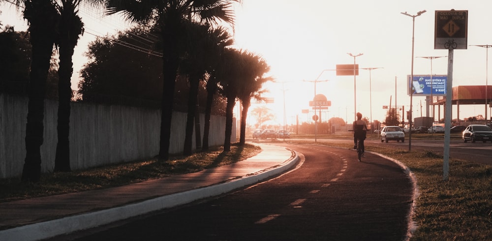 a man riding a bike down a street next to palm trees