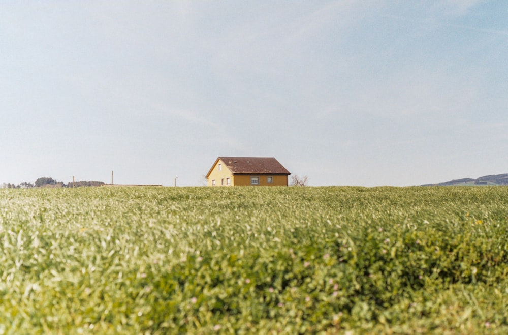 a small house sitting on top of a lush green field