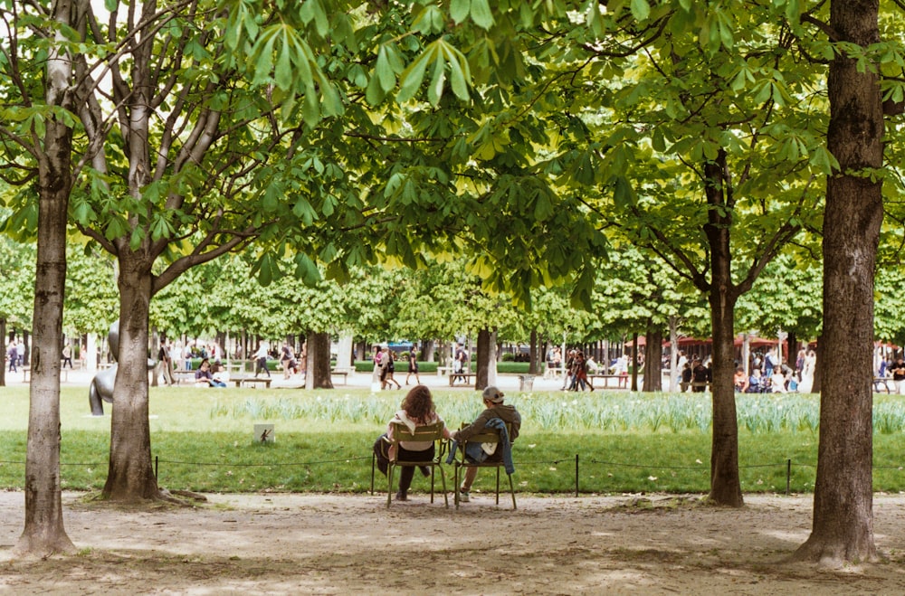 two people sitting on a bench in a park