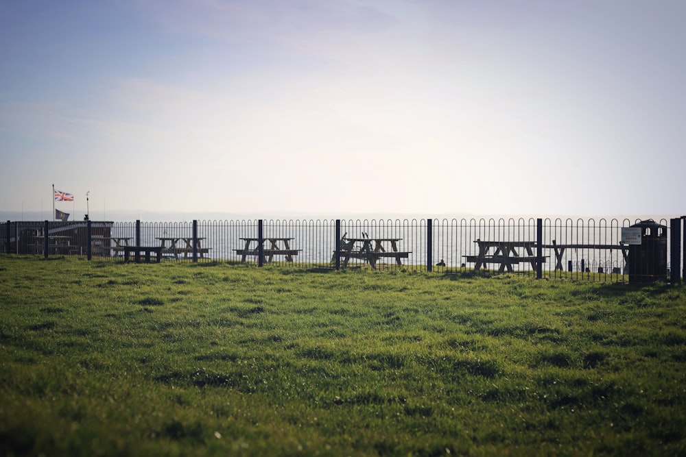 a grassy field with picnic tables next to a fence