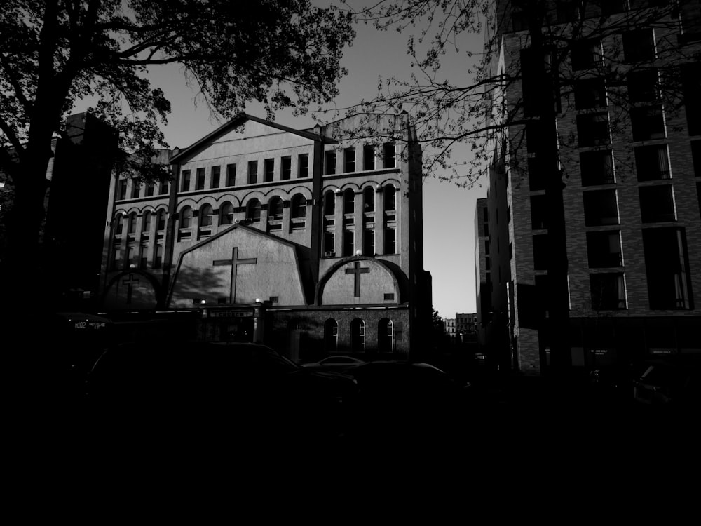 a black and white photo of a church