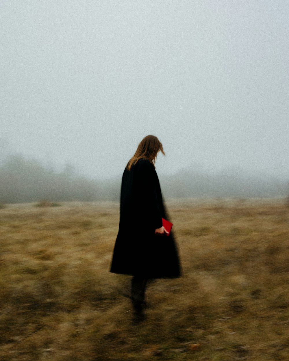 a woman in a black coat is walking through a field