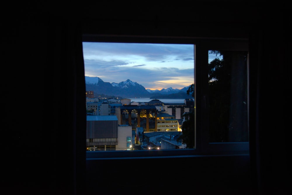 a view of a city from a window at night