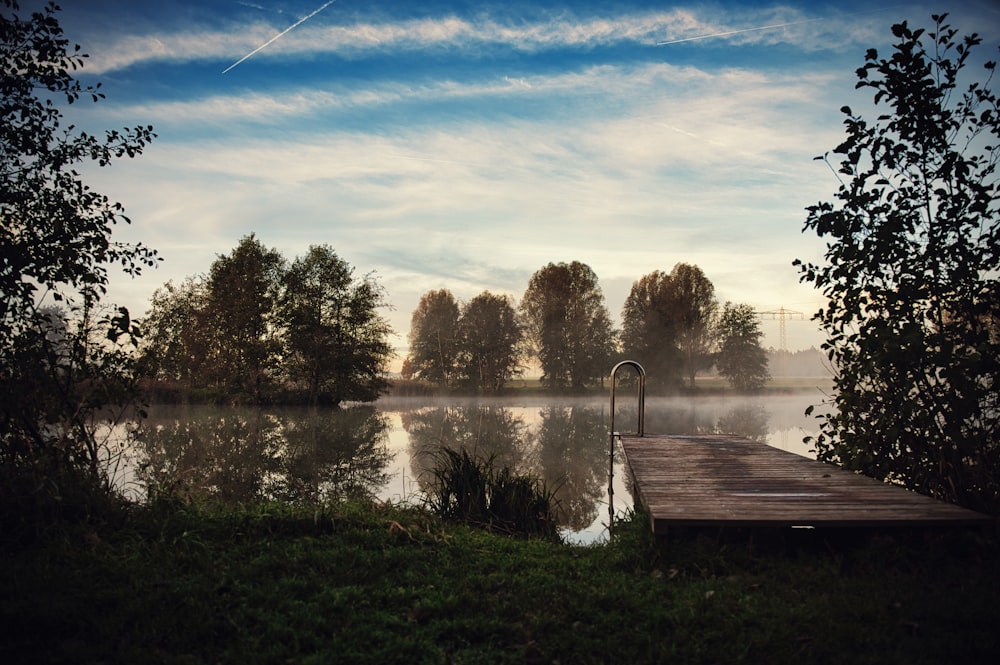 a dock sitting on top of a lake next to a forest