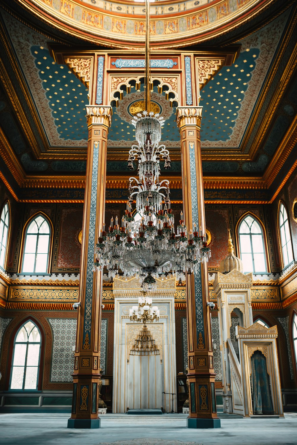 a chandelier hanging from the ceiling of a building