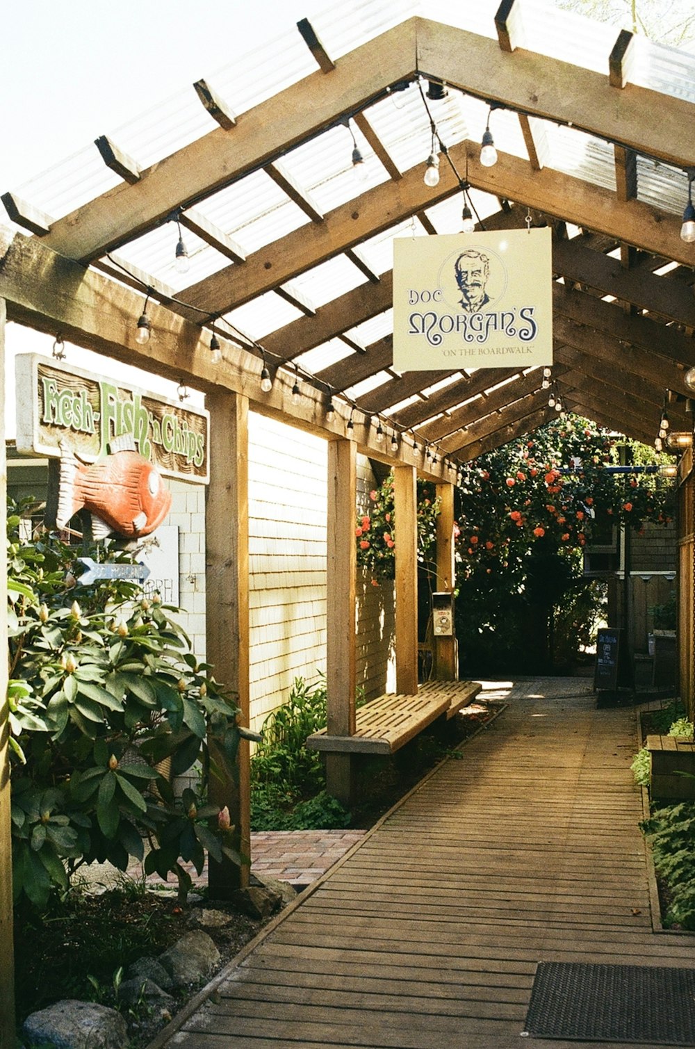 une passerelle en bois menant à une jardinerie