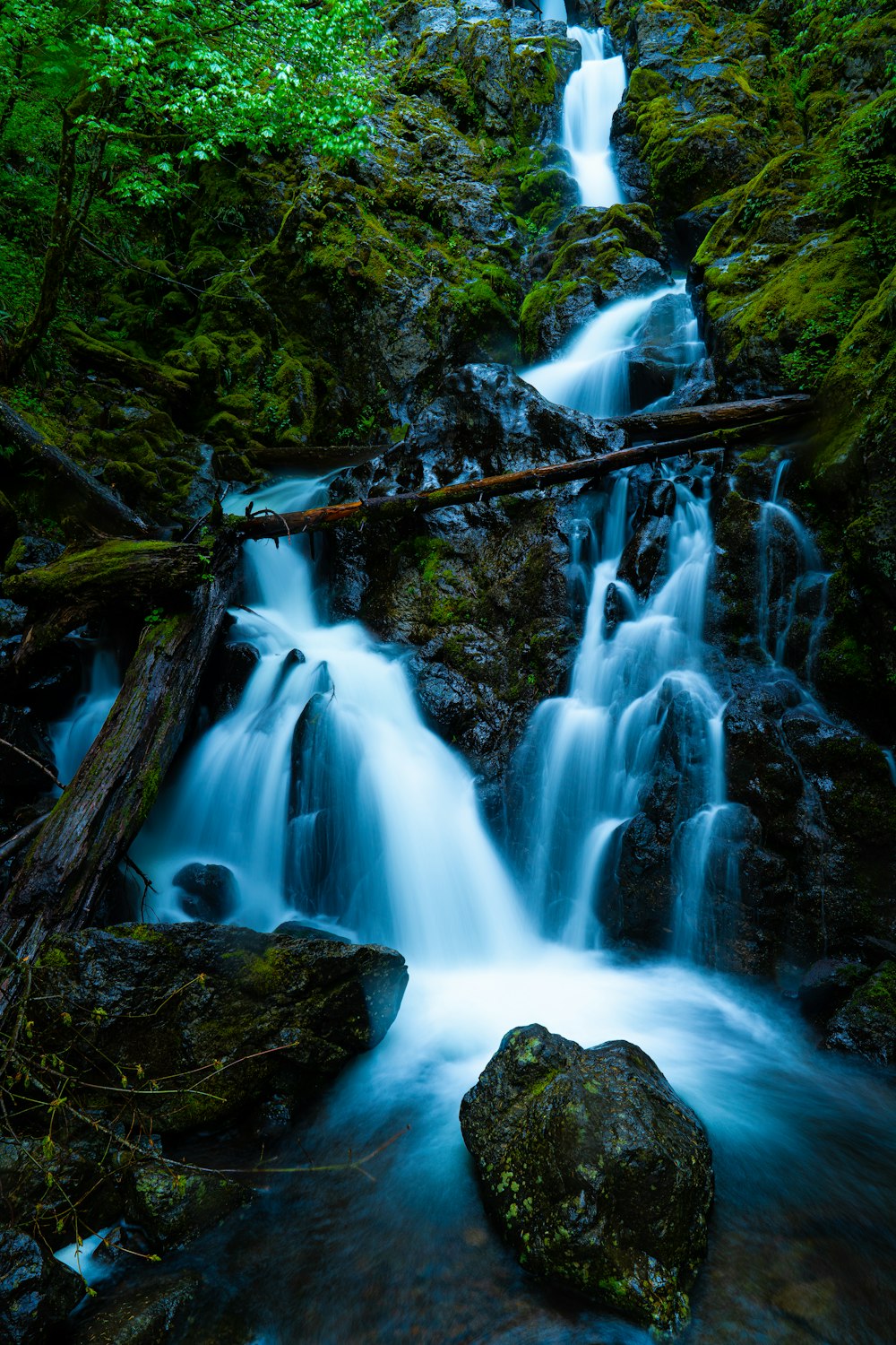 a small waterfall in the middle of a forest