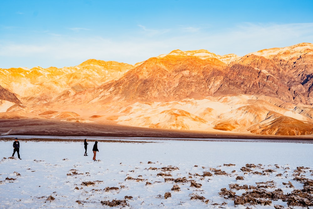 um par de pessoas em cima de um campo coberto de neve