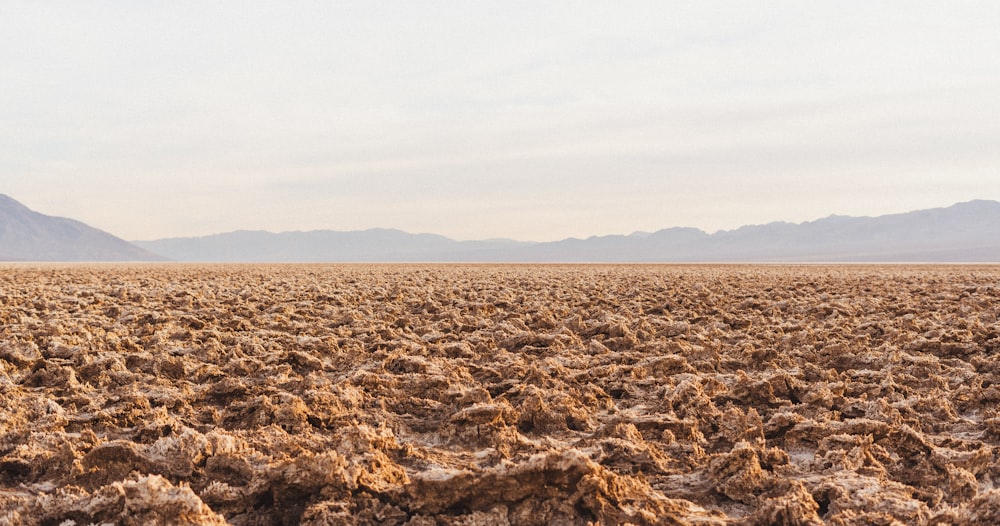 a barren field with mountains in the distance