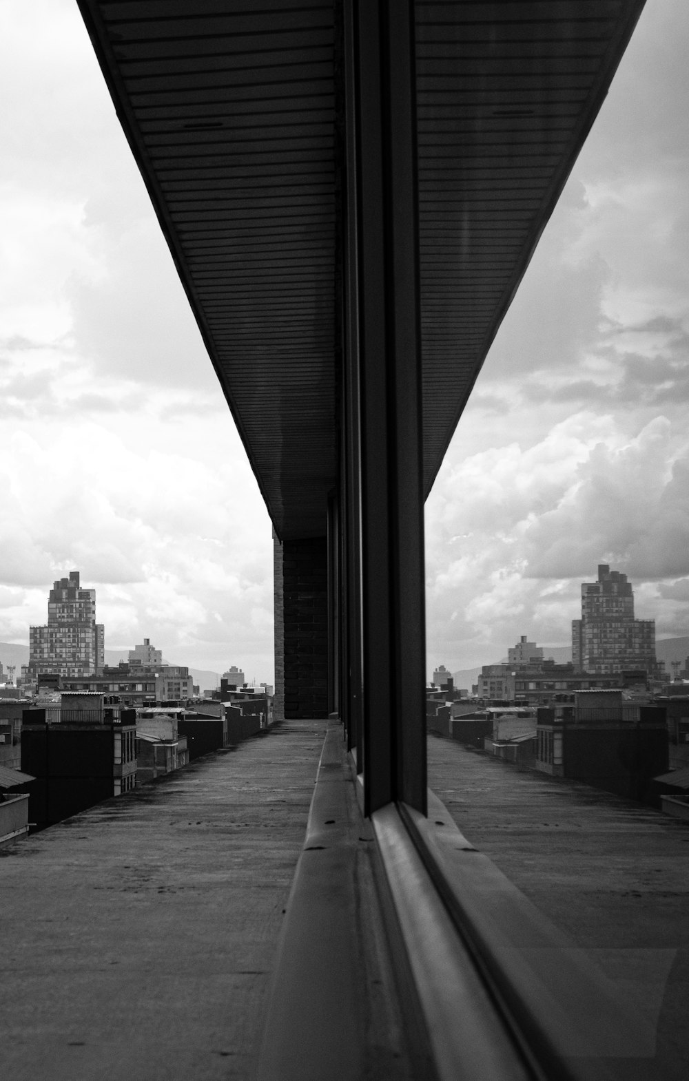 a black and white photo of a view of a city