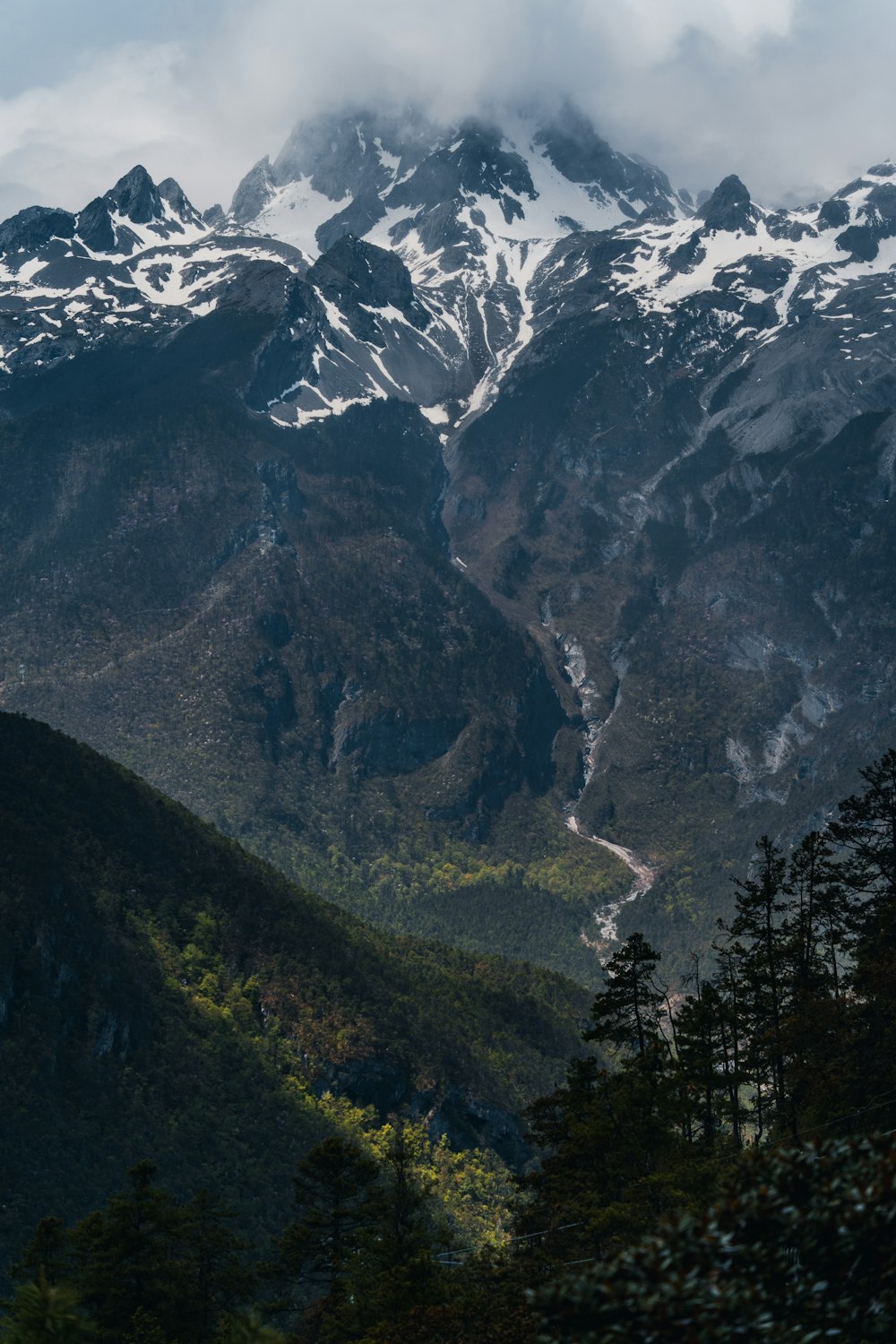 a view of a mountain range covered in snow