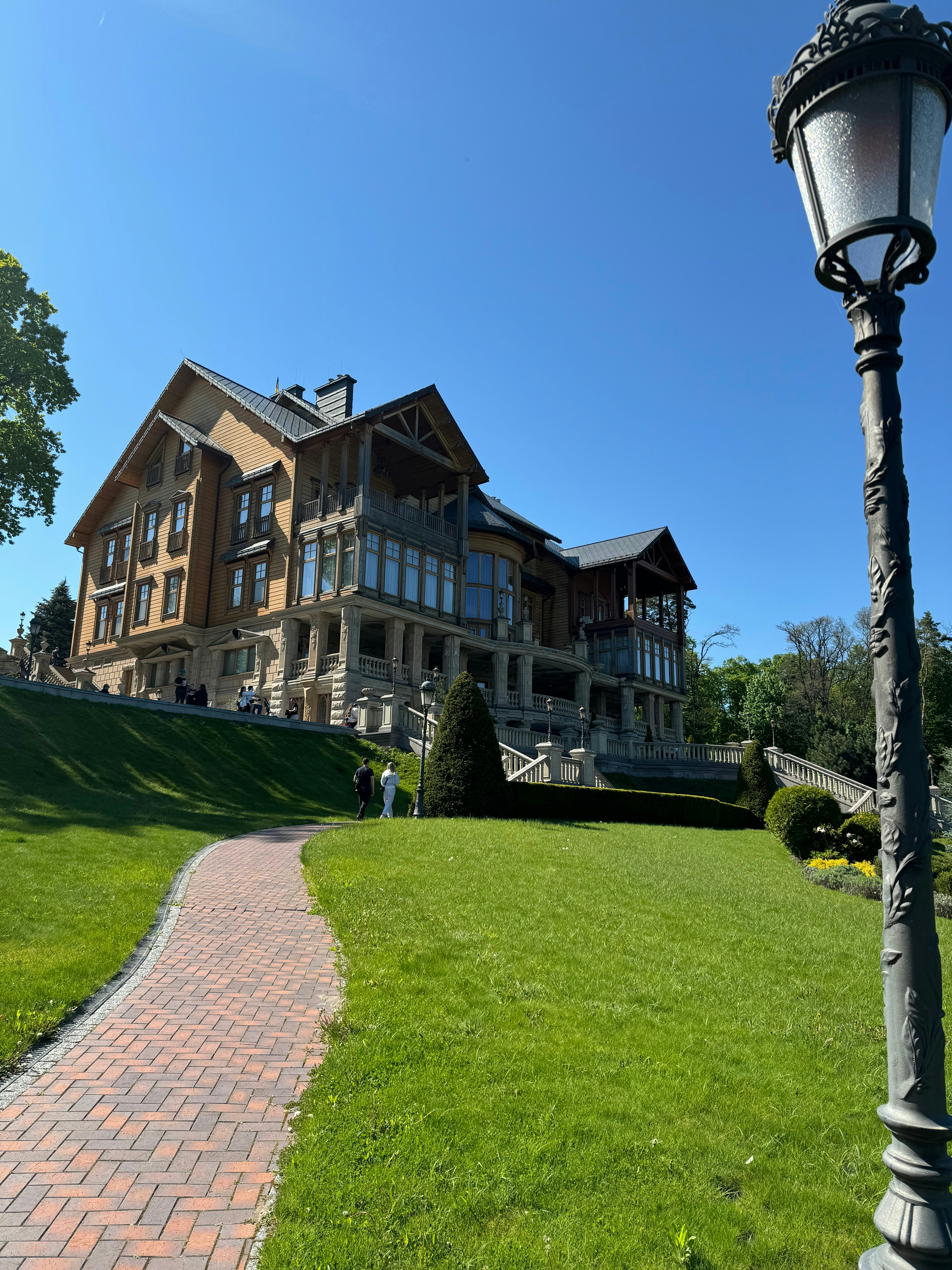 uma luz de rua sentada ao lado de um campo verde exuberante