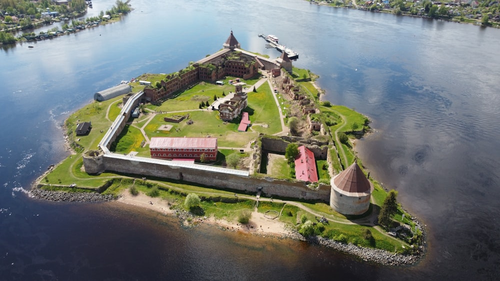 an aerial view of an island in the middle of the water