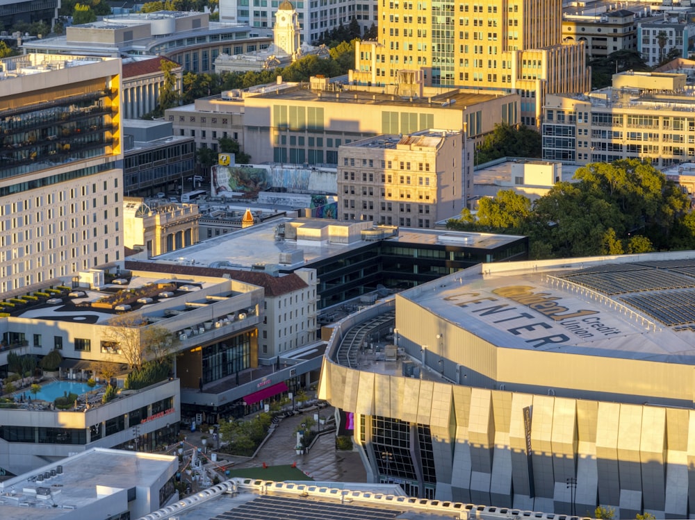 an aerial view of a city with a lot of tall buildings