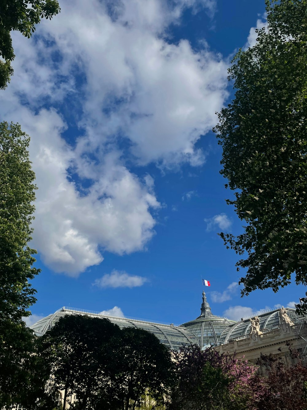 a view of a building through some trees