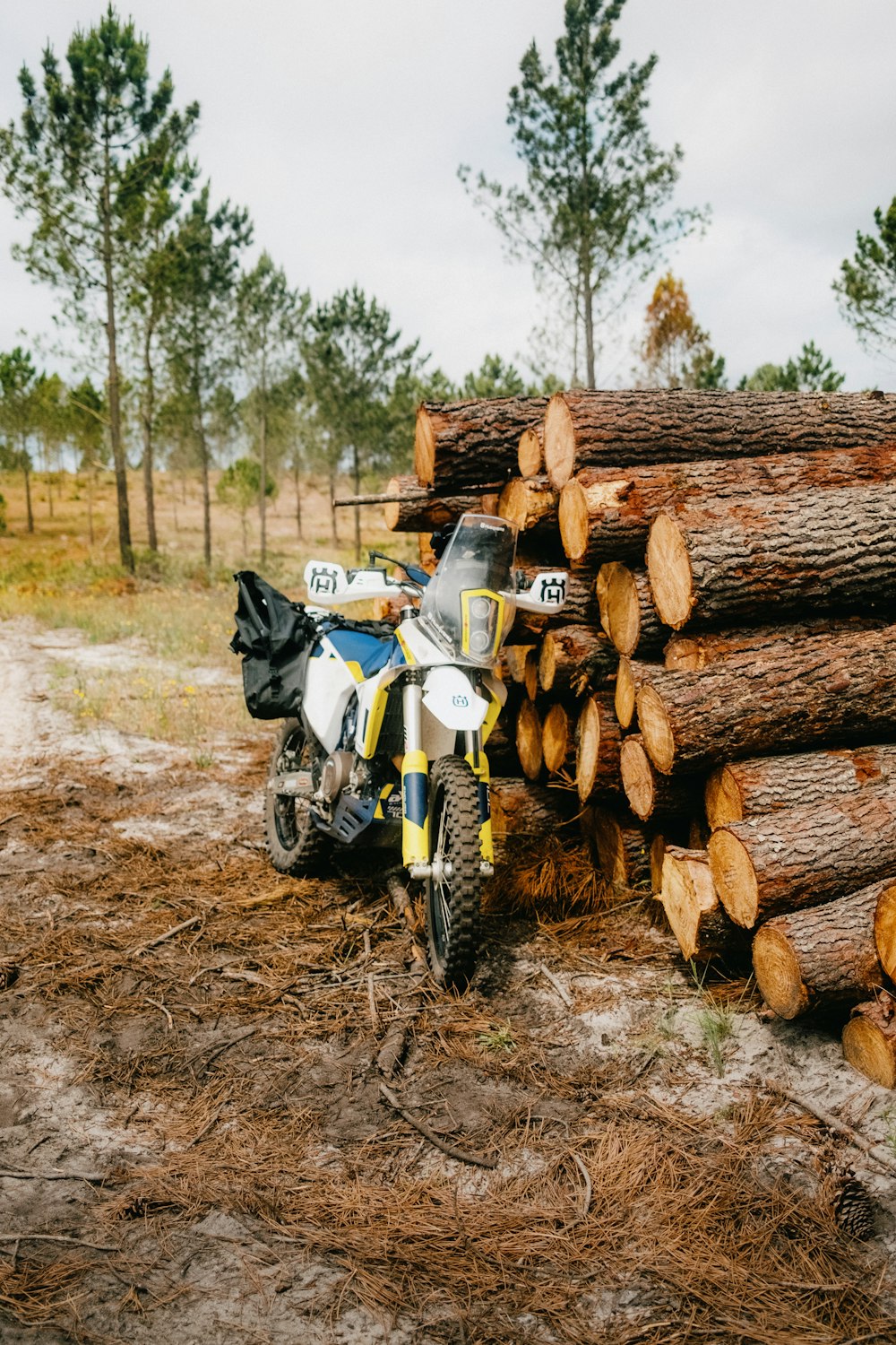 a motorcycle parked next to a pile of logs