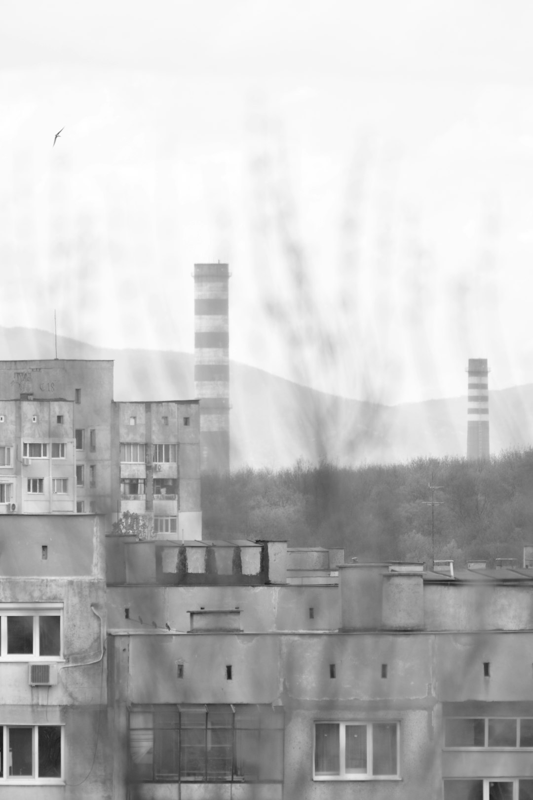 Black and white polluted neighborhood next to coal power plant chimneys