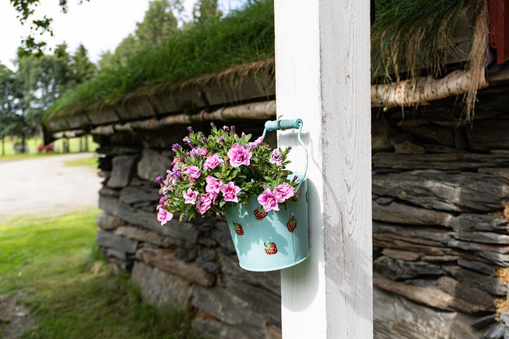 a flower pot hanging from the side of a building