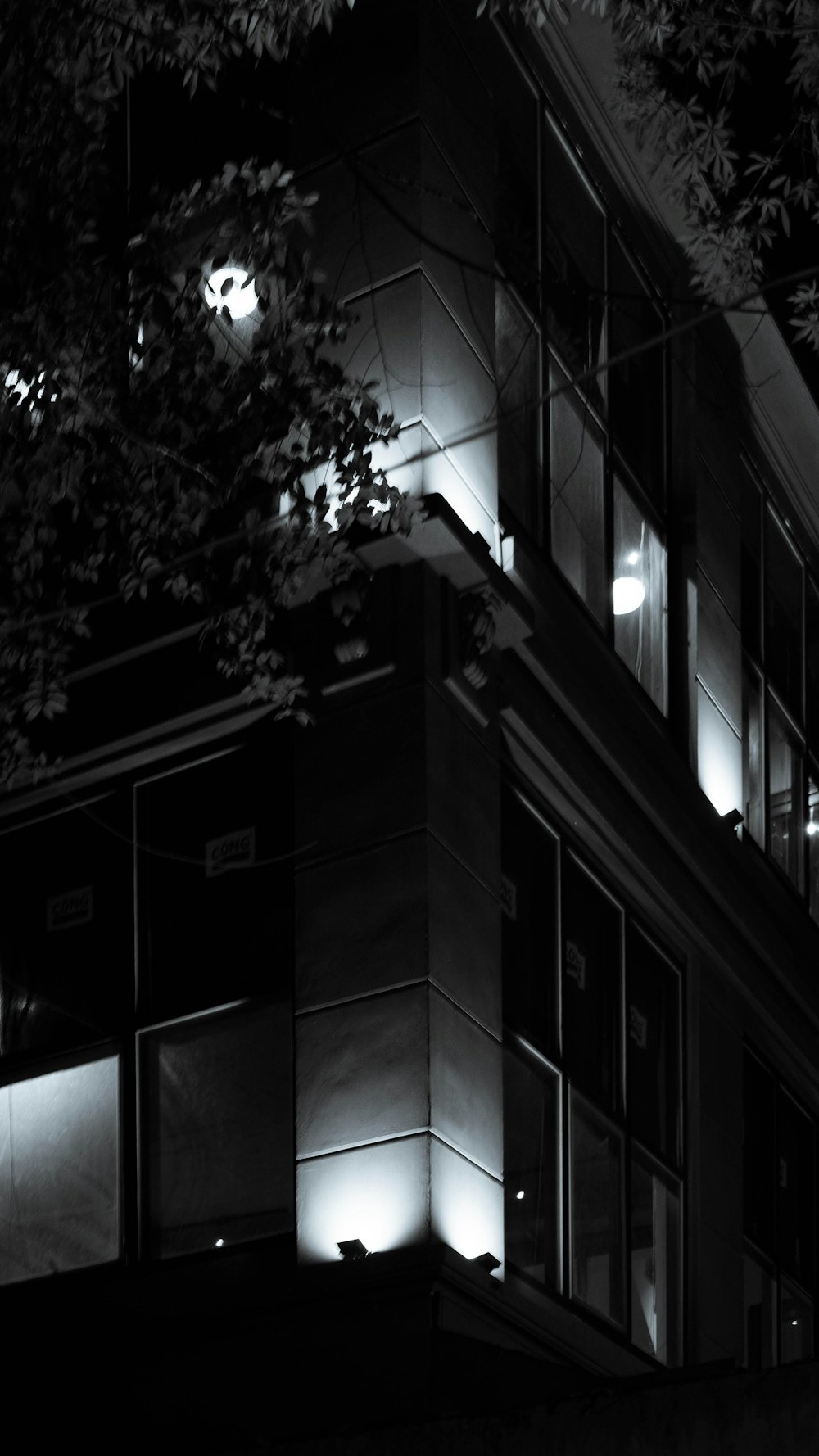 a black and white photo of a building at night