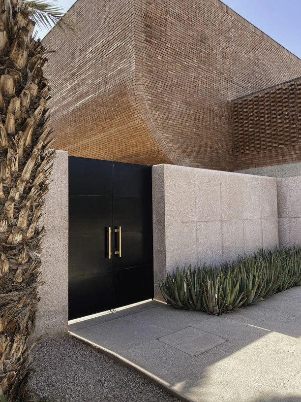 a building with a black door and some plants