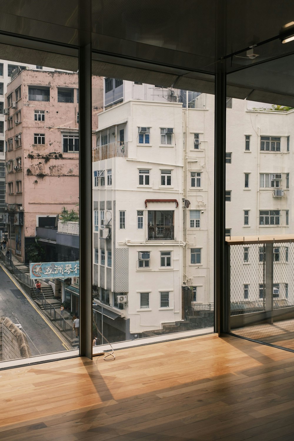 a view of a city from a large window